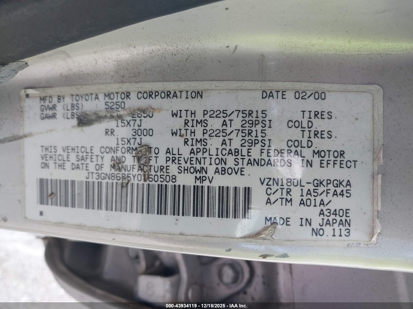 JT3GN86R5Y0160508 2000 TOYOTA 4RUNNER photo no. 9