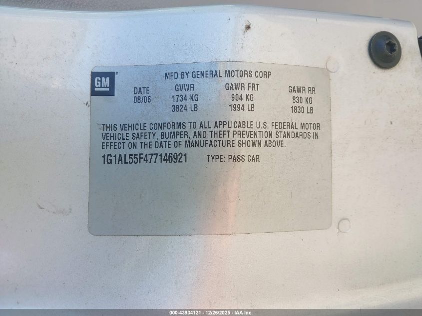 2007 Chevrolet Cobalt Lt VIN: 1G1AL55F477146921 Lot: 43934121