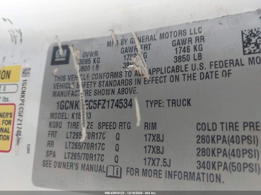 2015 Chevrolet Silverado 1500 Wt VIN: 1GCNKPEC5FZ174534 Lot: 43934123