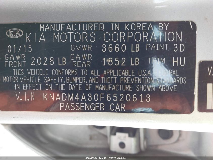 2015 Kia Rio Lx VIN: KNADM4A30F6520613 Lot: 43934124