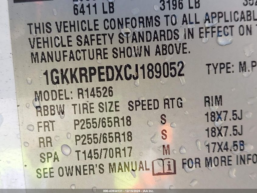 2012 GMC Acadia Sle VIN: 1GKKRPEDXCJ189052 Lot: 43934131