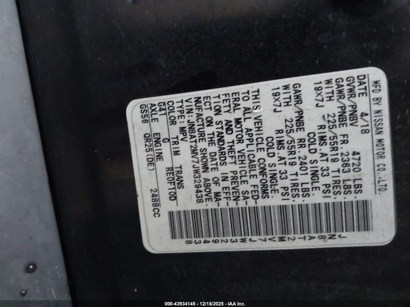 2018 Nissan Rogue Sl VIN: JN8AT2MV7JW329438 Lot: 43934145