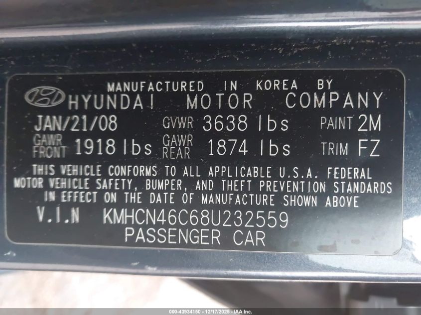 2008 Hyundai Accent Gls VIN: KMHCN46C68U232559 Lot: 43934150
