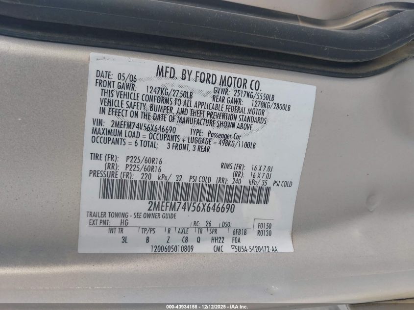 2006 Mercury Grand Marquis Gs VIN: 2MEFM74V56X646690 Lot: 43934158