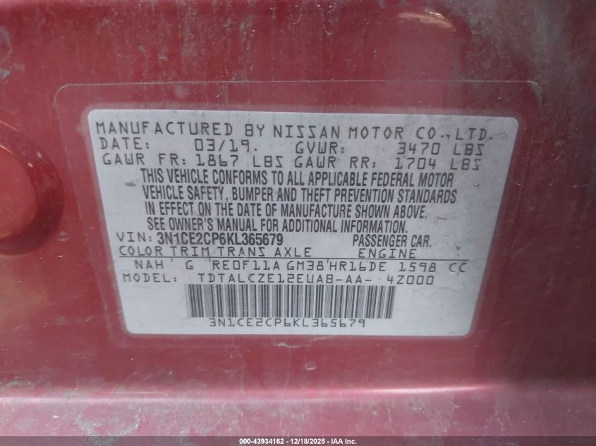 2019 Nissan Versa Note S VIN: 3N1CE2CP6KL365679 Lot: 43934162