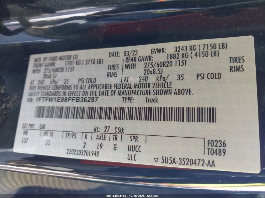 2023 Ford F-150 Xlt VIN: 1FTFW1E88PFB36297 Lot: 43934163