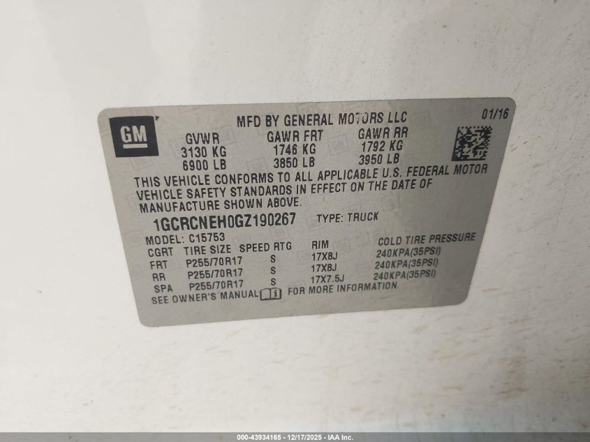 2016 Chevrolet Silverado 1500 Wt VIN: 1GCRCNEH0GZ190267 Lot: 43934165