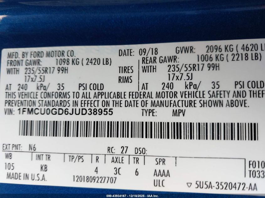 2018 Ford Escape Se VIN: 1FMCU0GD6JUD38955 Lot: 43934167