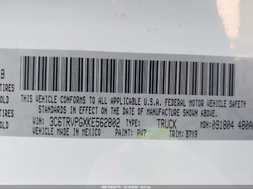 2019 Ram Promaster 2500 Window Van High Roof 159 Wb VIN: 3C6TRVPGXKE562802 Lot: 43934175
