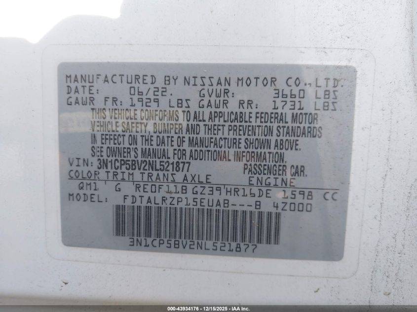 2022 Nissan Kicks S Xtronic Cvt VIN: 3N1CP5BV2NL521877 Lot: 43934176