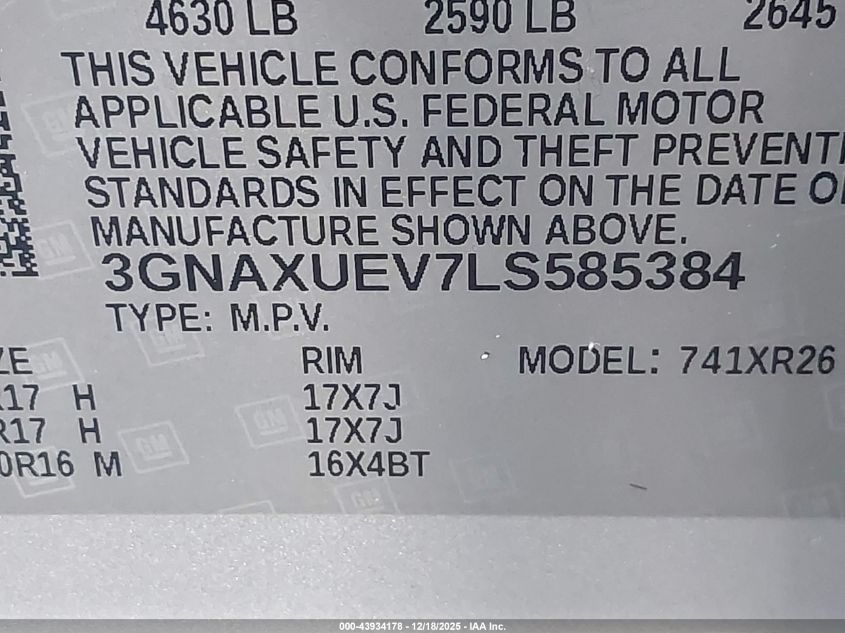 2020 Chevrolet Equinox Awd Lt 1.5L Turbo VIN: 3GNAXUEV7LS585384 Lot: 43934178