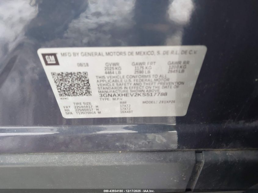 2019 Chevrolet Equinox Ls VIN: 3GNAXHEV2KS517788 Lot: 43934180