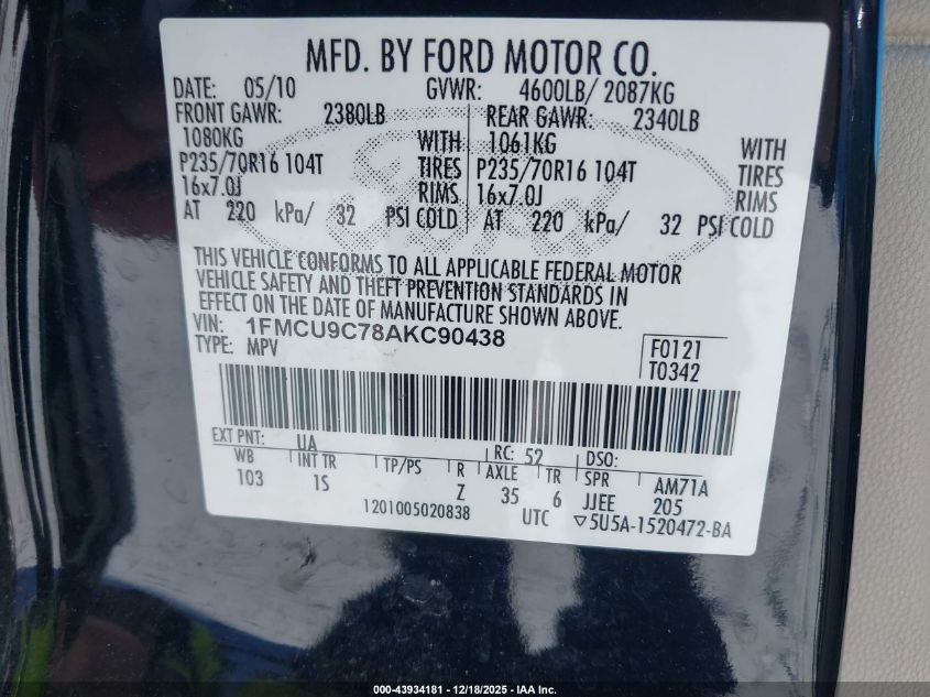 2010 Ford Escape Xls VIN: 1FMCU9C78AKC90438 Lot: 43934181