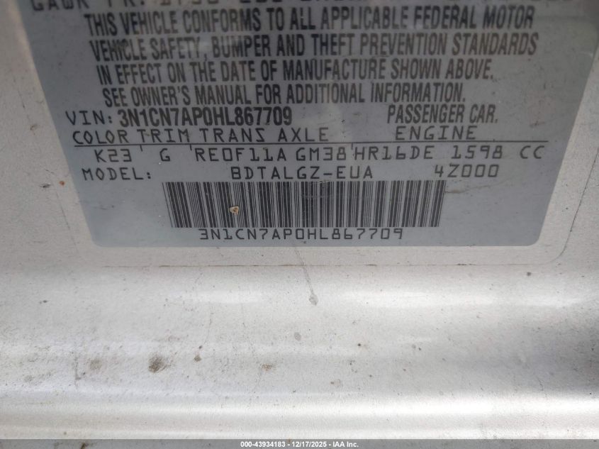 2017 Nissan Versa 1.6 Sl VIN: 3N1CN7AP0HL867709 Lot: 43934183