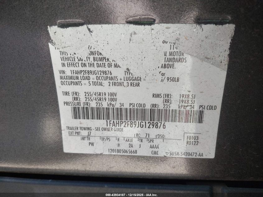 2018 Ford Taurus Limited VIN: 1FAHP2F89JG129876 Lot: 43934187