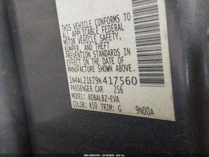 2009 Nissan Altima 2.5 S VIN: 1N4AL21E79N417560 Lot: 43934194