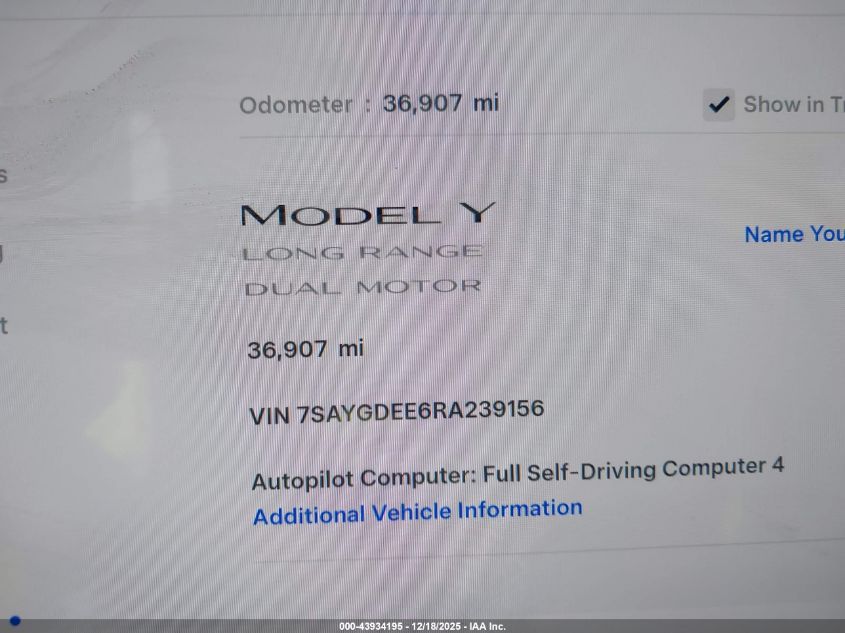 2024 Tesla Model Y Long Range Dual Motor All-Wheel Drive VIN: 7SAYGDEE6RA239156 Lot: 43934195