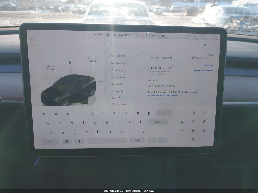 2024 Tesla Model Y Long Range Dual Motor All-Wheel Drive VIN: 7SAYGDEE6RA239156 Lot: 43934195