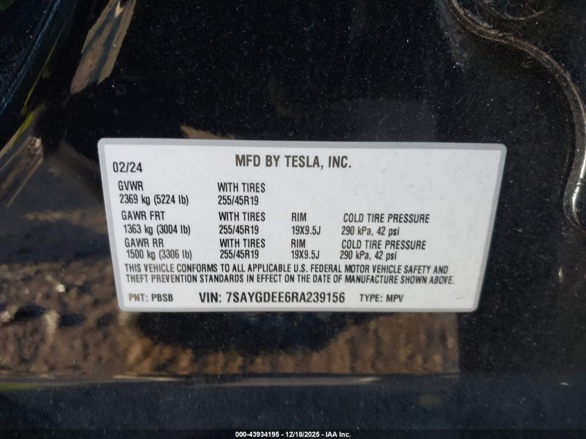 2024 Tesla Model Y Long Range Dual Motor All-Wheel Drive VIN: 7SAYGDEE6RA239156 Lot: 43934195