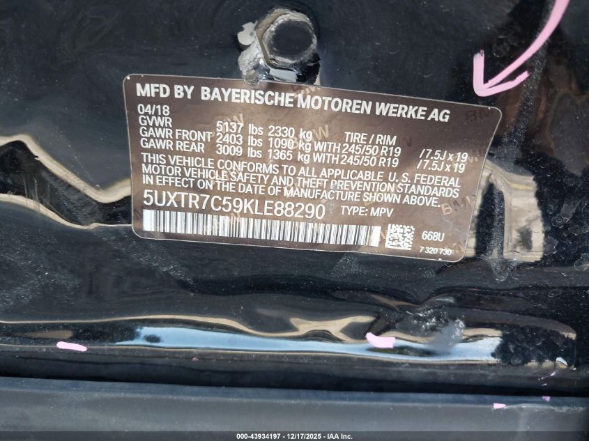 2019 BMW X3 Sdrive30I VIN: 5UXTR7C59KLE88290 Lot: 43934197