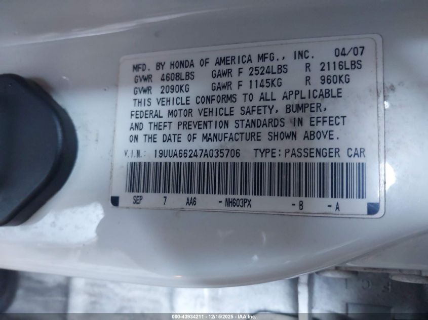 2007 Acura Tl 3.2 VIN: 19UUA66247A035706 Lot: 43934211