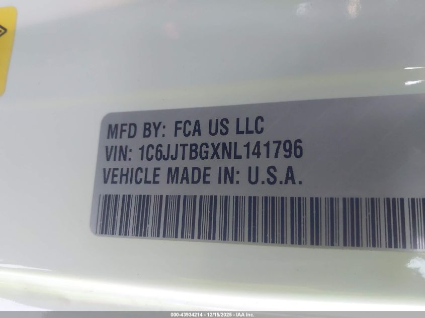 2022 Jeep Gladiator Rubicon 4X4 VIN: 1C6JJTBGXNL141796 Lot: 43934214