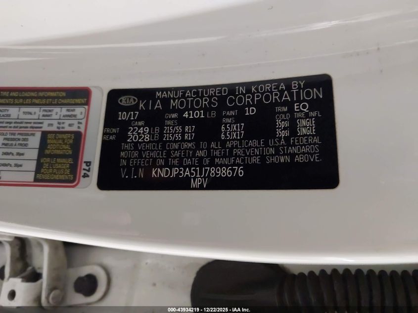 2018 Kia Soul + VIN: KNDJP3A51J7898676 Lot: 43934219