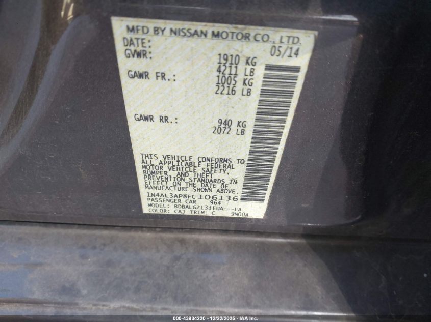 2015 Nissan Altima 2.5 S VIN: 1N4AL3AP8FC106136 Lot: 43934220