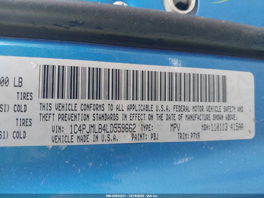 2020 Jeep Cherokee Altitude 4X4 VIN: 1C4PJMLB4LD559662 Lot: 43934221