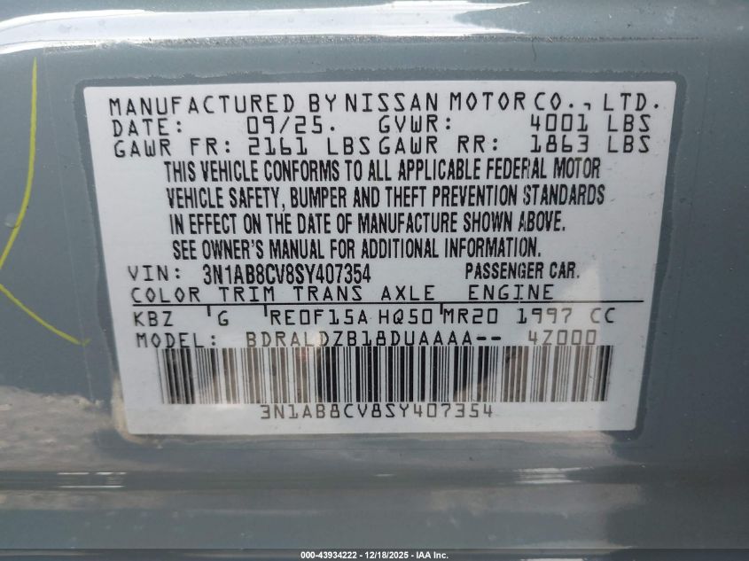 2025 Nissan Sentra Sv VIN: 3N1AB8CV8SY407354 Lot: 43934222