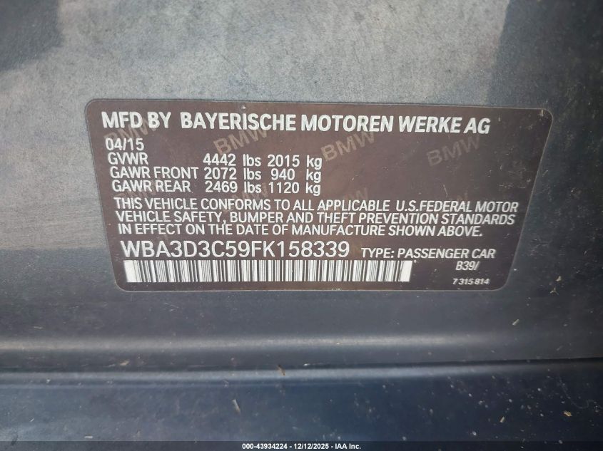 2015 BMW 328D VIN: WBA3D3C59FK158339 Lot: 43934224