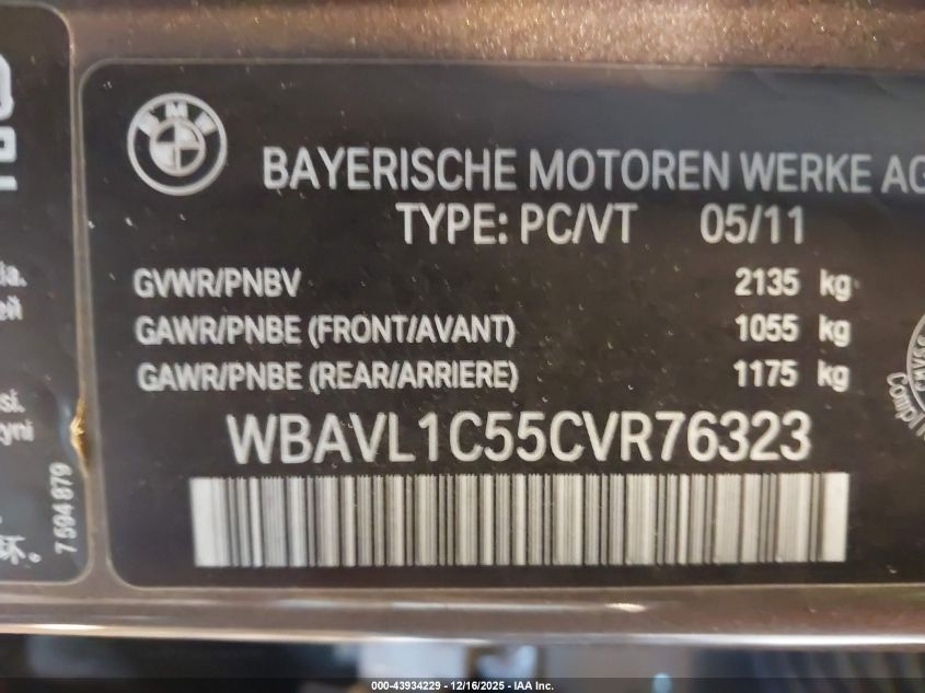 2012 BMW X1 xDrive28I VIN: WBAVL1C55CVR76323 Lot: 43934229