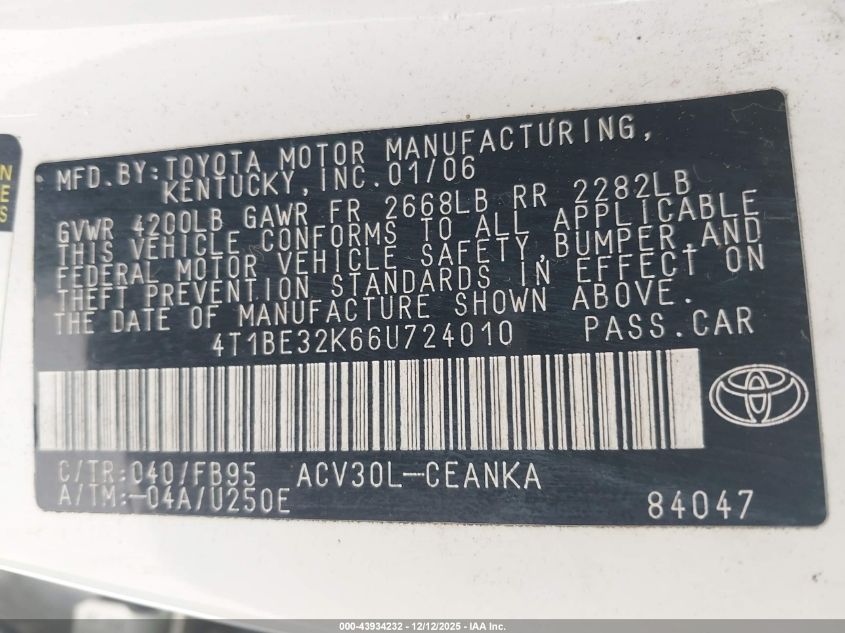 2006 Toyota Camry Le VIN: 4T1BE32K66U724010 Lot: 43934232