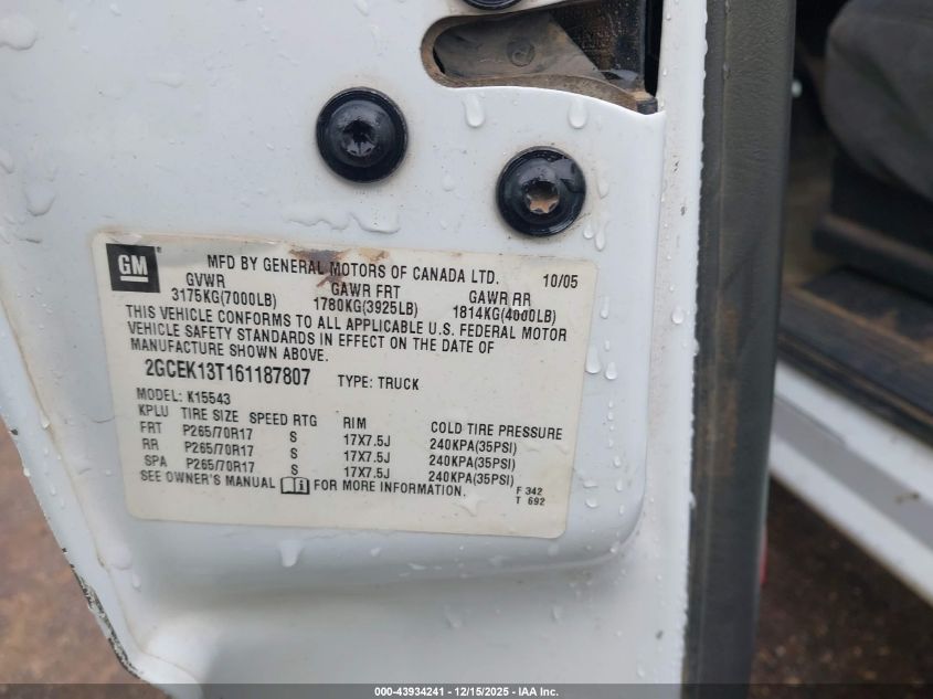 2006 Chevrolet Silverado 1500 Lt1 VIN: 2GCEK13T161187807 Lot: 43934241