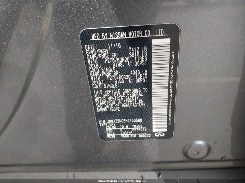 2017 Infiniti Qx80 VIN: JN8AZ2NC5H9430580 Lot: 43934243