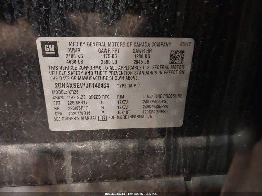 2018 Chevrolet Equinox Lt VIN: 2GNAXSEV1J6148464 Lot: 43934244