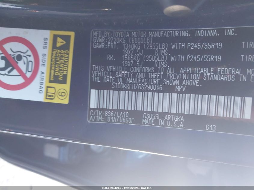 2016 Toyota Highlander Limited V6 VIN: 5TDDKRFH7GS290046 Lot: 43934245