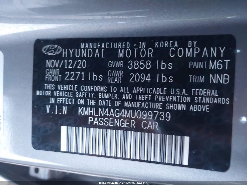 2021 Hyundai Elantra Sel VIN: KMHLN4AG0MU098944 Lot: 43934246