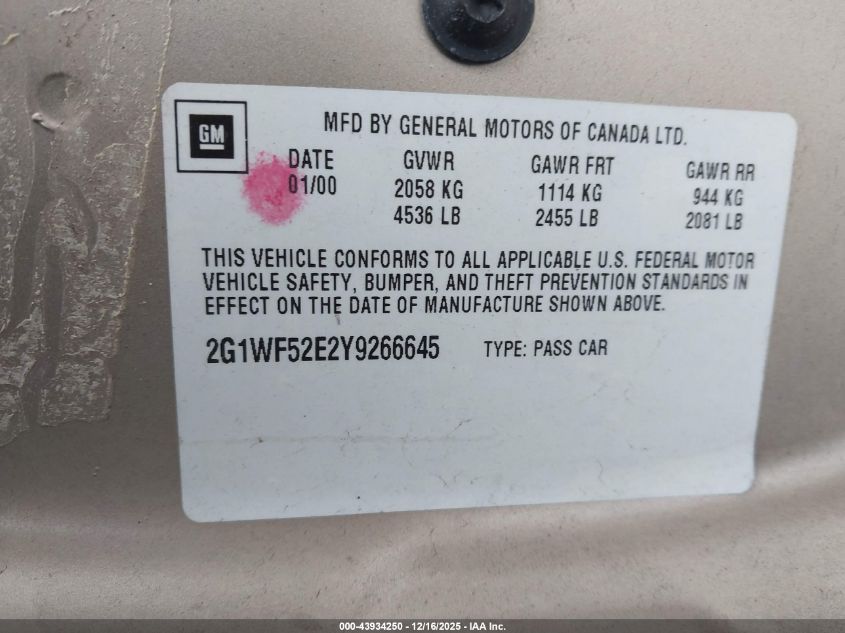 2000 Chevrolet Impala VIN: 2G1WF52E2Y9266645 Lot: 43934250