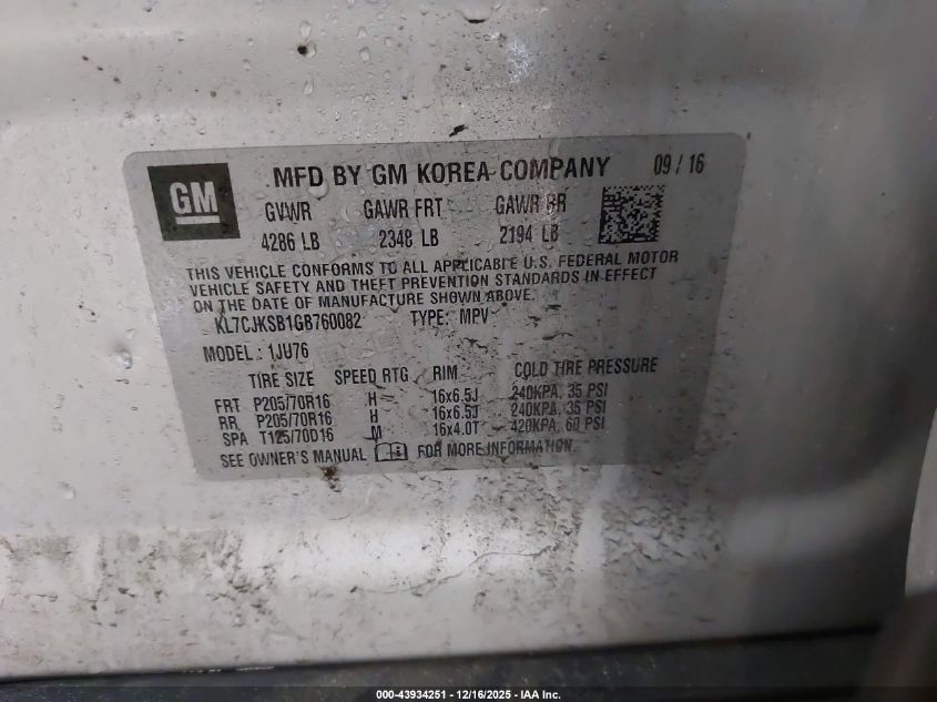 2016 Chevrolet Trax 1Ls VIN: KL7CJKSB1GB760082 Lot: 43934251