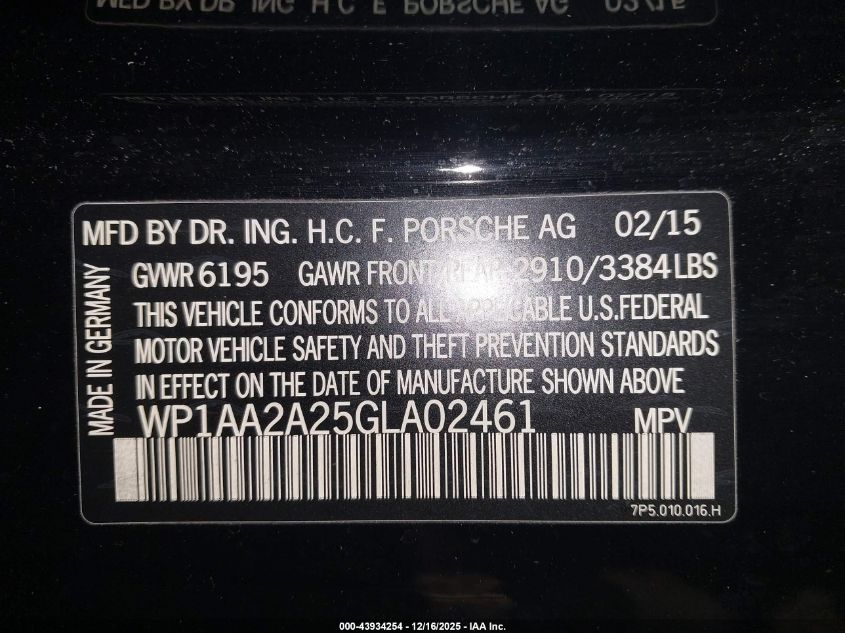 2016 Porsche Cayenne VIN: WP1AA2A25GLA02461 Lot: 43934254