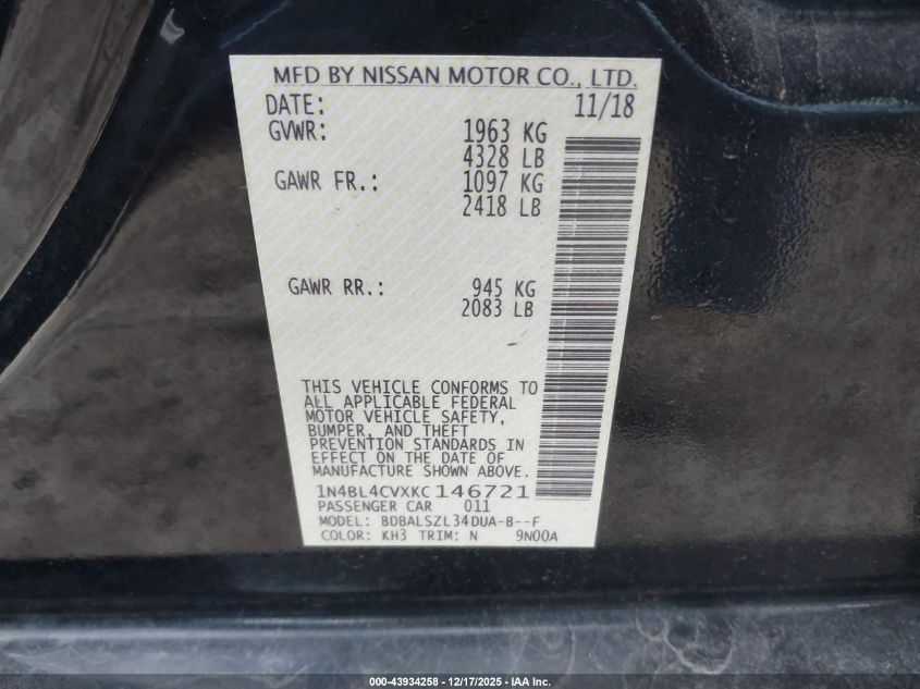 2019 Nissan Altima 2.5 Sr VIN: 1N4BL4CVXKC146721 Lot: 43934258