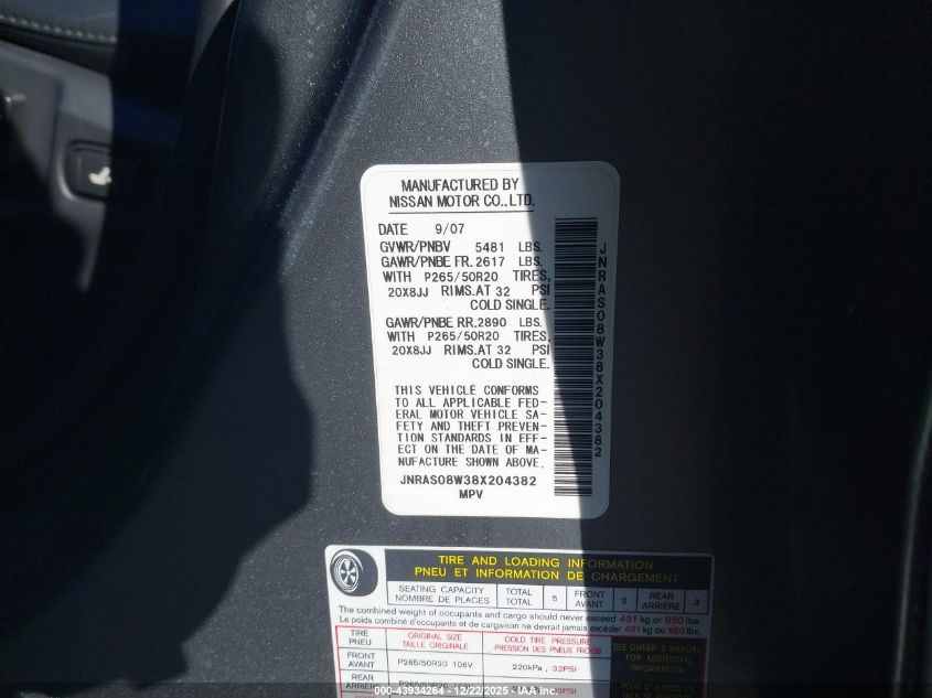 2008 Infiniti Fx35 VIN: JNRAS08W38X204382 Lot: 43934264