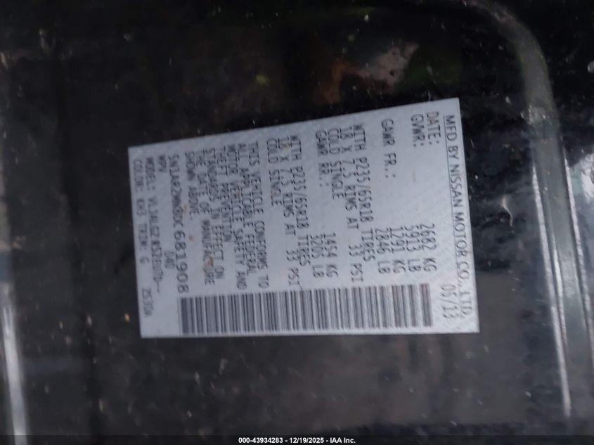 2013 Nissan Pathfinder Sl VIN: 5N1AR2MN8DC681908 Lot: 43934283