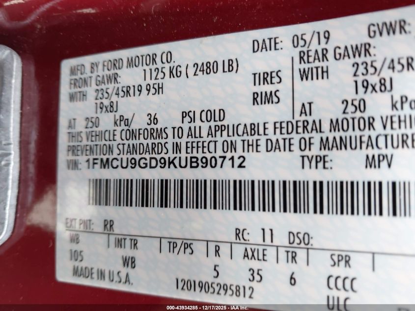 2019 Ford Escape Se VIN: 1FMCU9GD9KUB90712 Lot: 43934285