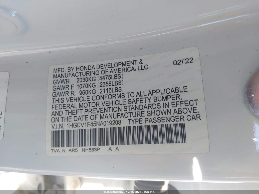 2022 Honda Accord Sport Se VIN: 1HGCV1F45NA019208 Lot: 43934287