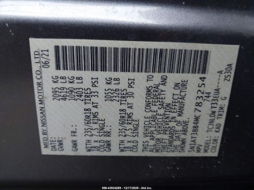 2021 Nissan Rogue Sv Intelligent Awd VIN: 5N1AT3BB4MC783254 Lot: 43934289