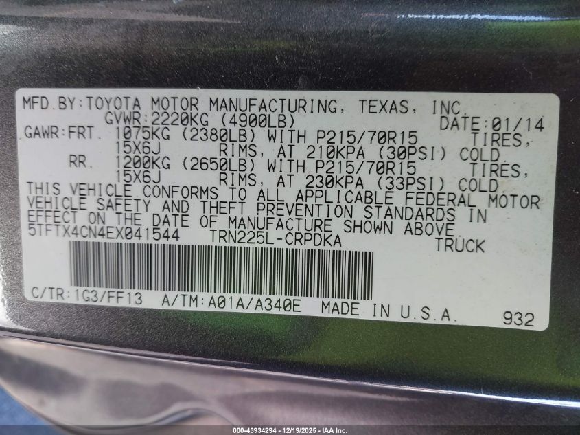 2014 Toyota Tacoma VIN: 5TFTX4CN4EX041544 Lot: 43934294