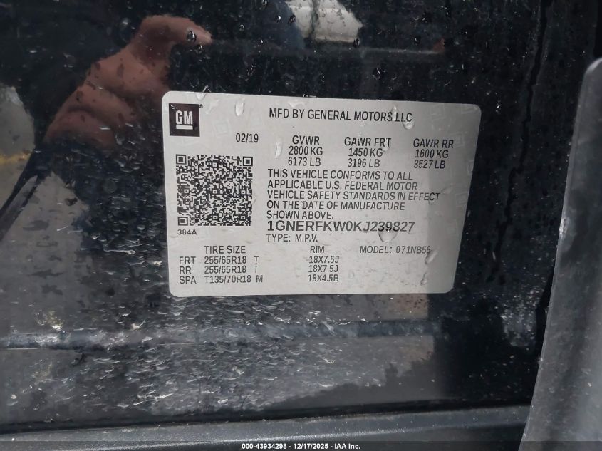 2019 Chevrolet Traverse Ls VIN: 1GNERFKW0KJ239827 Lot: 43934298