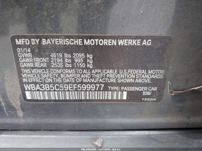 2014 BMW 328I xDrive VIN: WBA3B5C59EF599977 Lot: 43934300